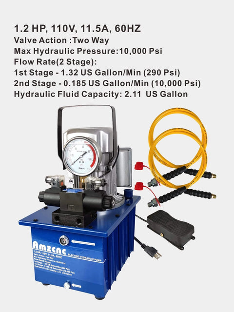 AMZCNC Two Way Electric Hydraulic Pump 10,000 PSI, 110-120V Power Pack, shown with hoses and foot control