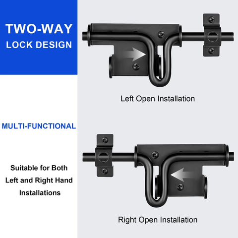 Slide Bolt Gate Latch with Padlock Hole in black steel, showing left and right open installation options for fence and door use.