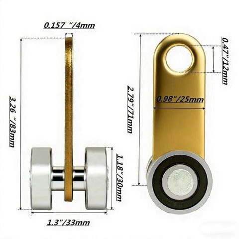 Detailed dimensions of 2 Wheel Cable Trolley Assembly Rollers with Dual Bearings for 1-5/8 Inch & Taller Strut Channel, side and front views.