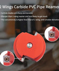 Two Wing PVC Pipe Reamer With Carbide Inserts For Stable Fast Pipe Prep Fits Standard Half Inch Drills And One And A Half Inch Head Socket Saver Tool Pro Grade For PPR Plastic Pipe Fittings Deburring And Cleanup, featuring two sharp carbide inserts visible.