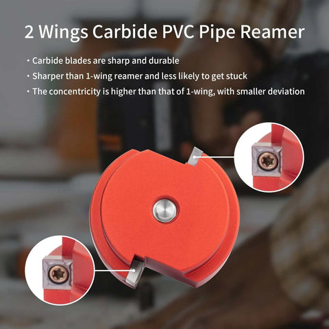 Two Wing PVC Pipe Reamer With Carbide Inserts For Stable Fast Pipe Prep Fits Standard Half Inch Drills And One And A Half Inch Head Socket Saver Tool Pro Grade For PPR Plastic Pipe Fittings Deburring And Cleanup, featuring two sharp carbide inserts visible.