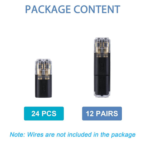 Image of 12 pairs of Two Wire Quick Disconnect Connectors for 16-18 AWG Solderless Wiring, no wires included, front view.