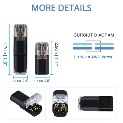 Diagram showing Two Wire Quick Disconnect Connectors for 16-18 AWG Solderless Wiring with dimensions, ideal for secure connections.