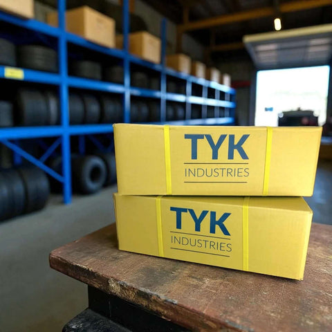 TYK Industries yellow boxes on a workbench in a tire workshop with racks and tires in the background.