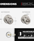 Dimensions of Tylo Entry Door Knob With Lock And Key For Exterior And Interior Doors Secure Keyed Handle in Satin Nickel Finish.
