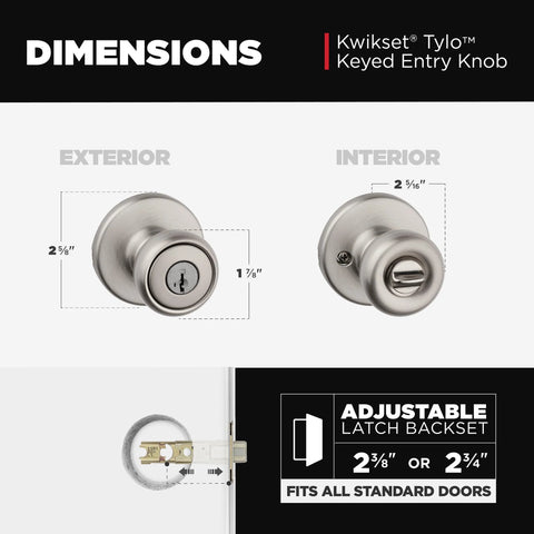 Dimensions of Tylo Entry Door Knob With Lock And Key For Exterior And Interior Doors Secure Keyed Handle in Satin Nickel Finish.