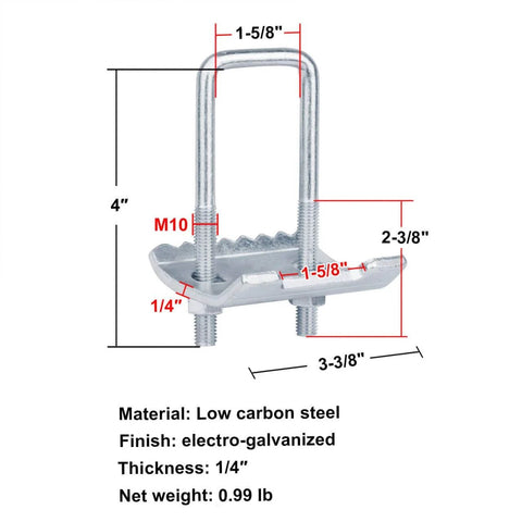 Four Pack U Bolt Beam Clamps securely join back to back strut channels in 1-5/8, 2-7/16, and 3-1/4 inch heights, using M10 threads
