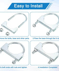 Installation steps for four piece muffler U-bolt clamp set for one and a quarter inch inner diameter exhaust pipes with saddles and nuts.