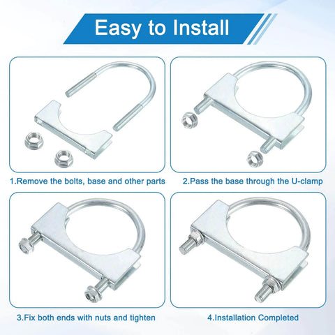 Installation steps for four piece muffler U-bolt clamp set for one and a quarter inch inner diameter exhaust pipes with saddles and nuts.