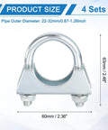 Four piece muffler U-bolt clamp set for one and a quarter inch inner diameter exhaust pipes, fits 22 to 32 mm outer diameter