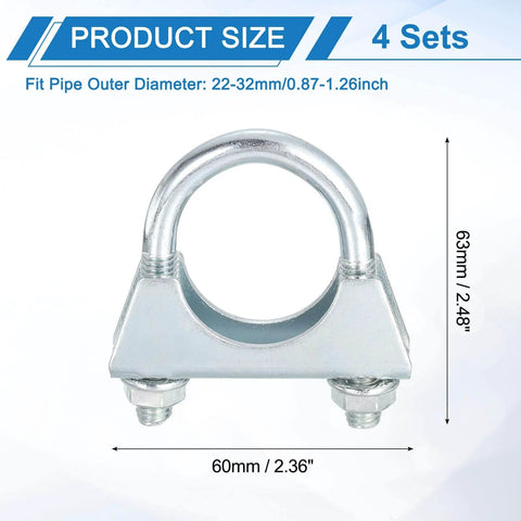 Four piece muffler U-bolt clamp set for one and a quarter inch inner diameter exhaust pipes, fits 22 to 32 mm outer diameter