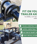 Durable rust resistant U bolt kit for 2000 lb trailer axles fits 1-3/4 inch round axles shown installed on trailer axle with tie plates.