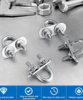 Complete 16-piece U-bolt kit with M6 zinc plated round bends, plates, nuts and washers displayed on metal surface
