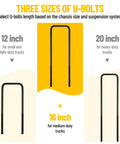 Diagram showing 12, 16, and 20 inch U-bolts for small to heavy-duty trucks.