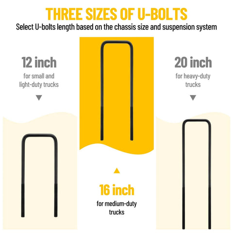 Diagram showing 12, 16, and 20 inch U-bolts for small to heavy-duty trucks.