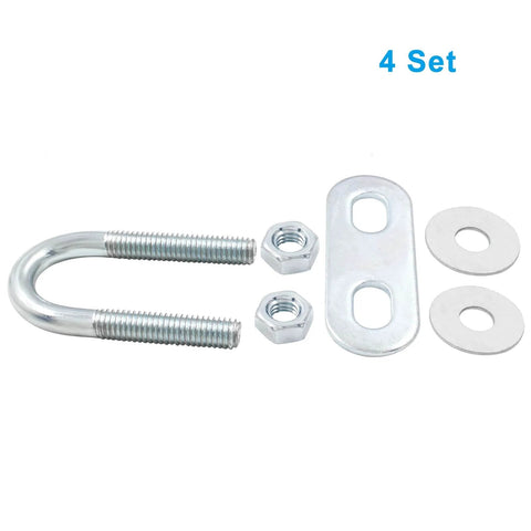 Four M6 zinc plated steel U bolts with nuts, plates, and washers; rust resistant, burr-free finish for secure, durable clamping