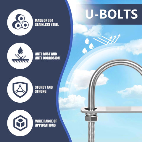Set of 8 M8 U Bolts in 304 Stainless Steel With Nuts Washers and Bolt Plate 50mm Wide by 100mm Long Corrosion Resistant Mounting Hardware
