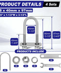 Stainless Steel U Bolts Kit Four Sets With Nuts, Plates And Washers, Heavy Duty U-Bolts 1-1/2 Inch Wide By 3-1/2 Inch Long, M8 Size