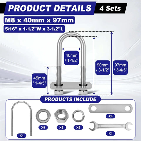 Stainless Steel U Bolts Kit Four Sets With Nuts, Plates And Washers, Heavy Duty U-Bolts 1-1/2 Inch Wide By 3-1/2 Inch Long, M8 Size