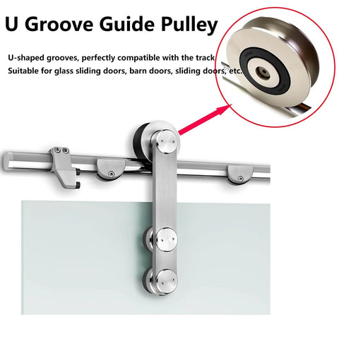U Groove Guide Pulley for sliding doors with stainless steel track and roller, ideal for glass or barn doors installation.