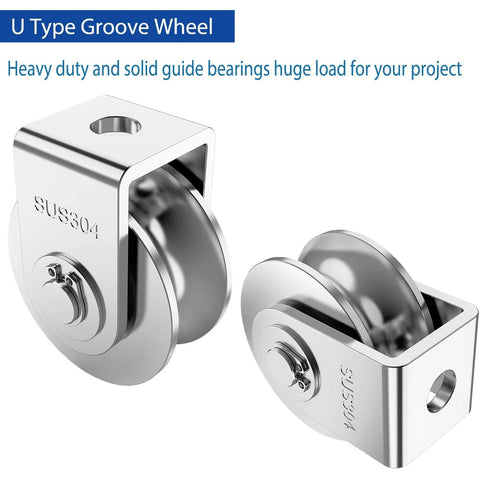 2 Pack 2 Inch Pulley Block U Grooved Wheel Pulley, 304 Stainless Steel Pulley Roller, Heavy Duty Caster Wheels for 880lb Loading