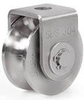 Front view of U Groove Pulley Block 2", 304 Stainless Steel Pulley Roller, showing sus304 marking and bearing mechanism.