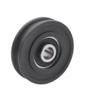 Close-up of a black nylon 4Pcs U Groove Pulley Wheel U-Groove Roller Guide Pulley Rolling Bearing Roller Wheel 8x45x11.5mm.