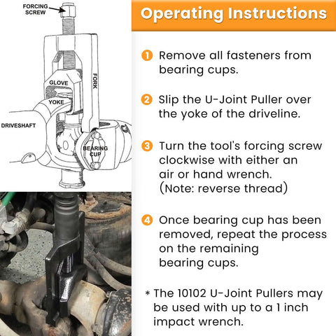 Beefy Heavy Duty Universal Joint Puller Kit with instructions for removing bearing cups from driveshaft yoke using a forcing screw.