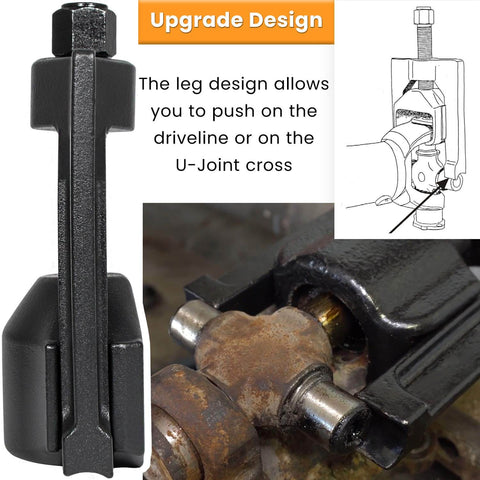 Beefy Heavy Duty Universal Joint Puller Kit showing side and installed views for U-joint extraction on automotive equipment.