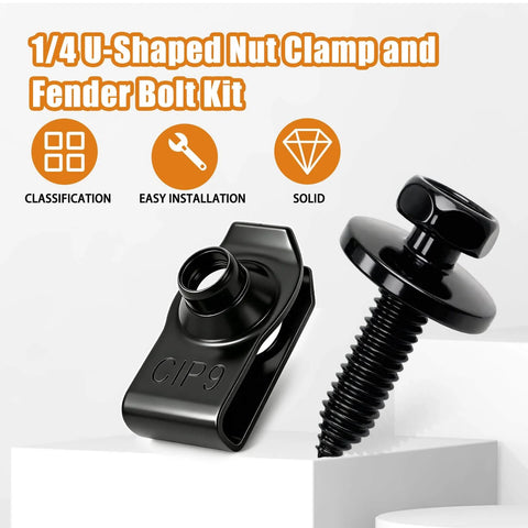 Close-up of 1/4 U-nut clip and fender bolt from 50Pcs 1/4 U Nut Clips And Fender Bolts Kit For Automotive Body Fasteners Engine Cover And Splash Shield.