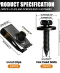 Detailed specifications of 50Pcs 1/4 U Nut Clips And Fender Bolts Kit for automotive body fasteners with dimensions.