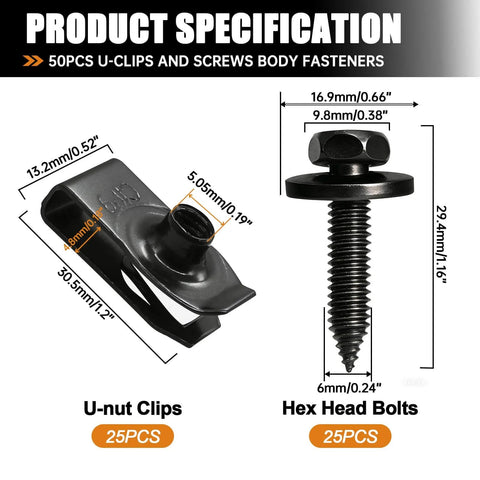 Detailed specifications of 50Pcs 1/4 U Nut Clips And Fender Bolts Kit for automotive body fasteners with dimensions.