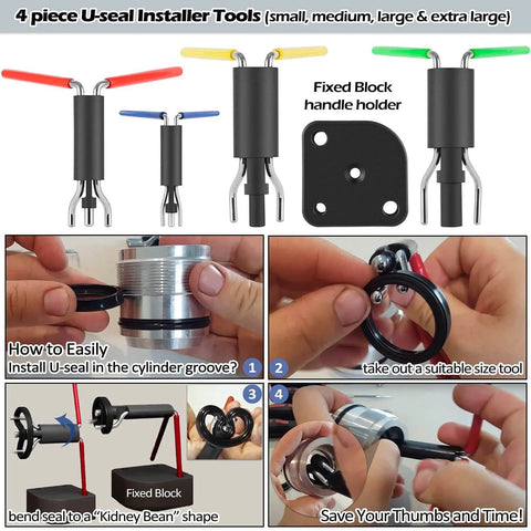 Heavy Duty 17 Piece Hydraulic Cylinder Repair Tool Kit For Skid Steers, Loaders, Backhoes, And Tractors With Gland Spanner Wrench, U Seal Installer, Seal Puller, And Piston Ring Compressor showcasing U-seal installer tools and usage steps.
