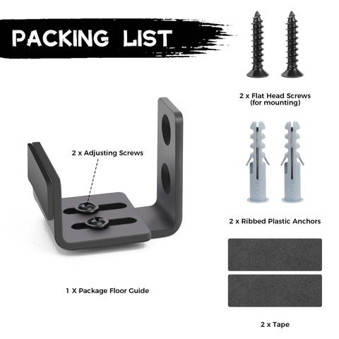 Packing list with bottom floor guide for sliding barn doors adjustable U shaped wall mounted bottom guide in black with screws and anchors.