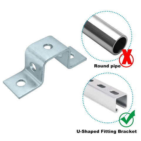 Durable six piece set of five hole U shaped fittings for one and five eighths inch strut channel three sixteenths of an inch thick carbon steel