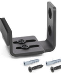 Adjustable U-shaped bottom floor guide for sliding barn doors, black, showing flat base and wall mount with screws.