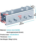 U shaped splice fitting for 1-5/8 inch strut channels, built from 11 gauge electrogalvanized steel for strong, corrosion resistant connections with smooth edges, enabling quick, safe, burr free assemblies, front view with dimensions.