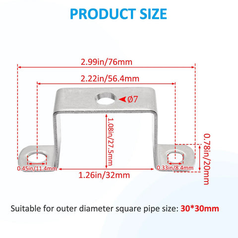Durable 304 stainless steel U shaped connector brackets deliver strong rust resistant mounting, showing dimensions for strut channels.