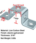 Durable six piece set of five hole U shaped fittings for one and five eighths inch strut channel three sixteenths of an inch thick carbon steel with electrogalvanized finish for corrosion resistance accepts one half inch bolts for quick secure support side view