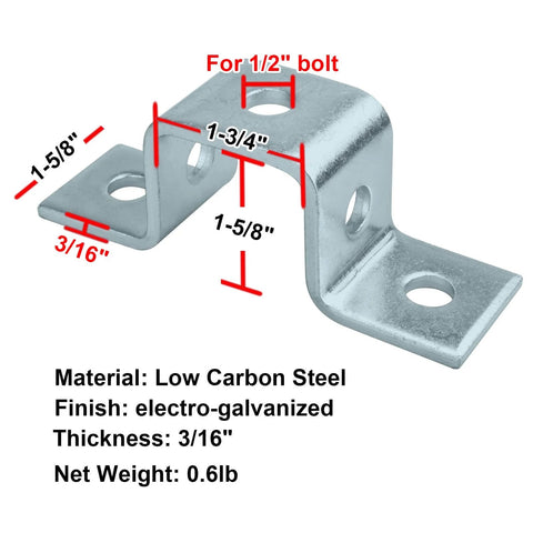 Durable six piece set of five hole U shaped fittings for one and five eighths inch strut channel three sixteenths of an inch thick carbon steel with electrogalvanized finish for corrosion resistance accepts one half inch bolts for quick secure support side view