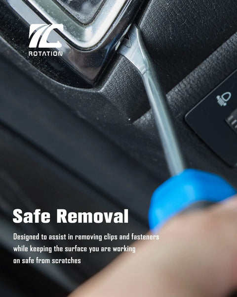 Effortlessly lift tacks and pull nails with a compact U-tip tack lifter in use on car interior panel, durable design visible.
