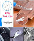 Five piece upholstery staple remover and nail puller kit with U tip tack lifter in various uses on wood and metal surfaces.