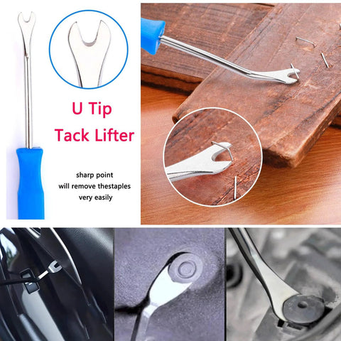 Five piece upholstery staple remover and nail puller kit with U tip tack lifter in various uses on wood and metal surfaces.