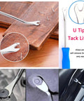 4-Piece Upholstery Staple Remover Tool Set with end-cutting pliers, nail remover, V-nail puller, and U-nail puller used on wood.
