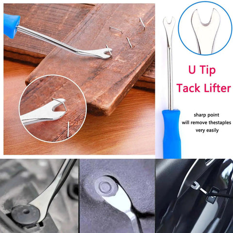 4-Piece Upholstery Staple Remover Tool Set with end-cutting pliers, nail remover, V-nail puller, and U-nail puller used on wood.