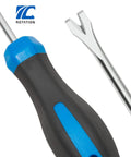 Effortlessly lift tacks and pull nails with a compact U-tip tack lifter, the durable upholstery and auto staple remover tool; close-up view