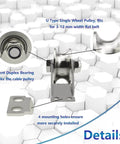 U Type Groove Wheel Pulley Stainless Steel Pulley Block with Silent Duplex Bearing, mounting brackets, and detailed labels