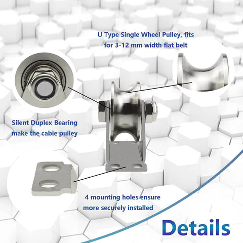 U Type Groove Wheel Pulley Stainless Steel Pulley Block with Silent Duplex Bearing, mounting brackets, and detailed labels