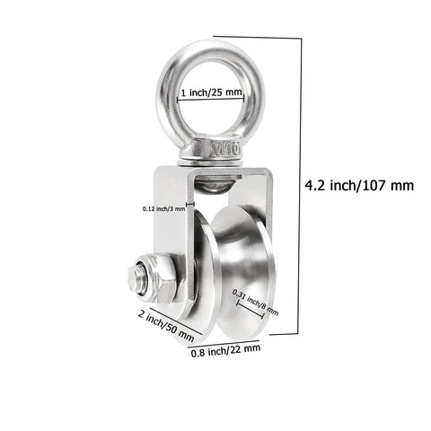 2 Inch U-Type Pulleys for Rope, Stainless Steel M10 Swivel Pulley Block with Bearing, U-Groove Roller Single Pulley Wheel
