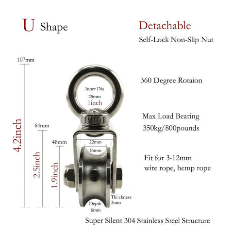 U Type Swivel Pulley 304 Stainless Steel Duplex Bearing Super-Silent Detachable 360 Degree Rotation Heavy Duty Traction Wheel